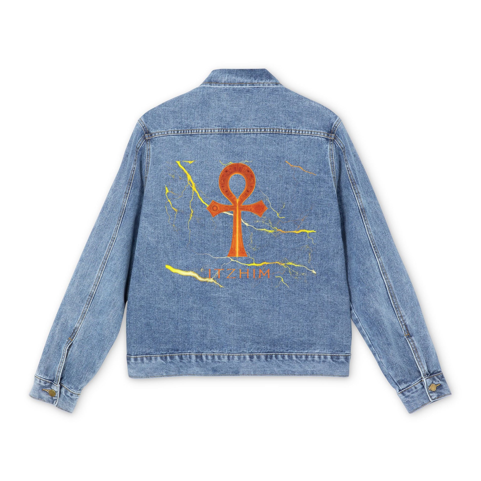 Denim Jacket with Orange Ankh Back Graphic — Vintage Egyptian Symbol Men's Jacket
