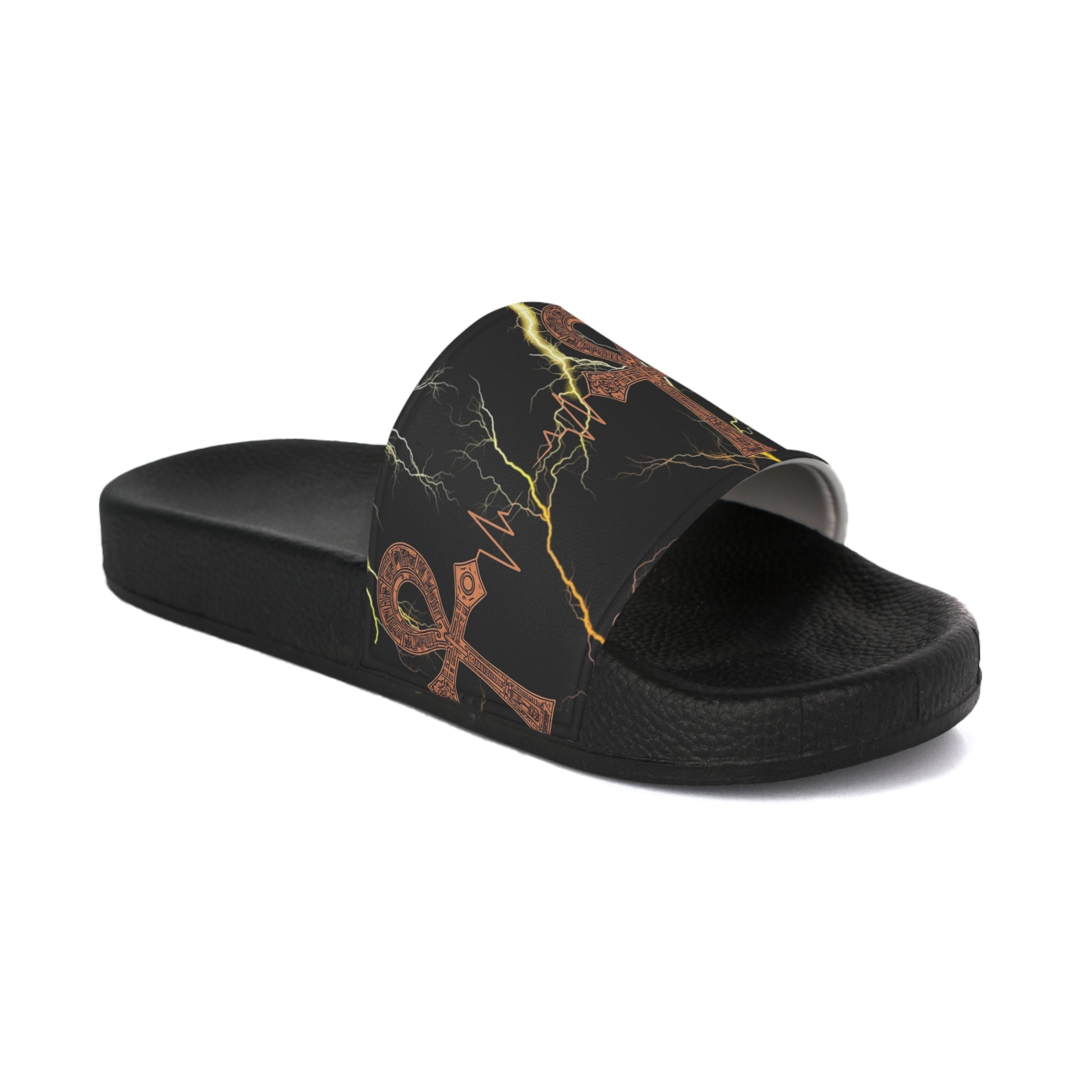 Ankh Lightning Men's Slide Sandals – Egyptian Symbol Black Marble Slip-Ons