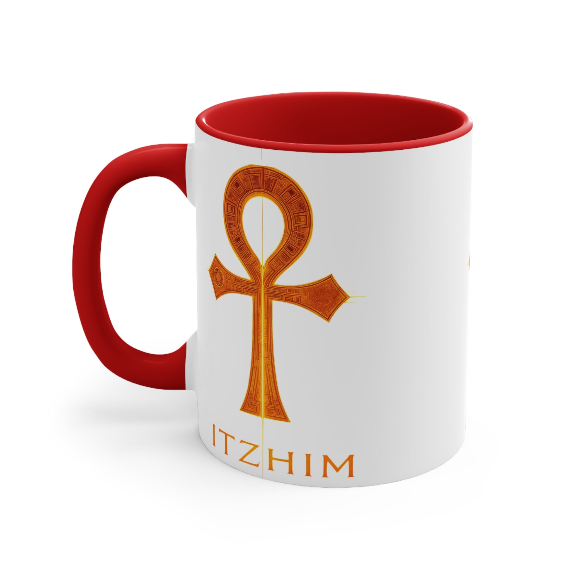 Colorful Accent Ankh Mug, Unique Gifts for Coffee Lovers, Boho Home Decor, Spiritual Awakening, Red Handle Coffee Cup