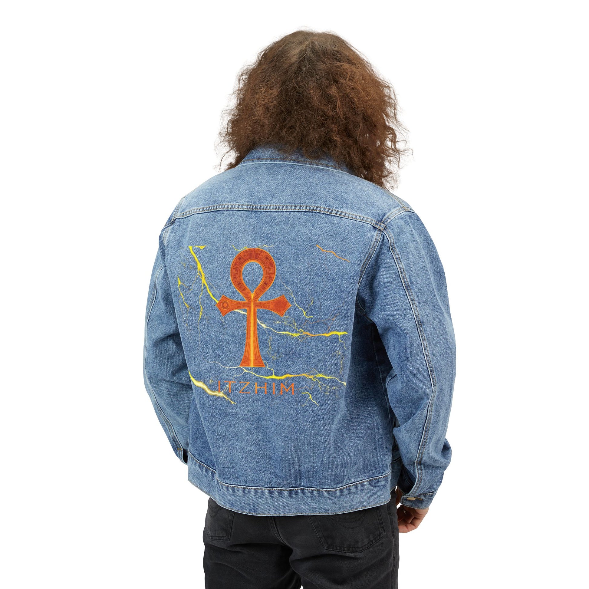 Denim Jacket with Orange Ankh Back Graphic — Vintage Egyptian Symbol Men's Jacket
