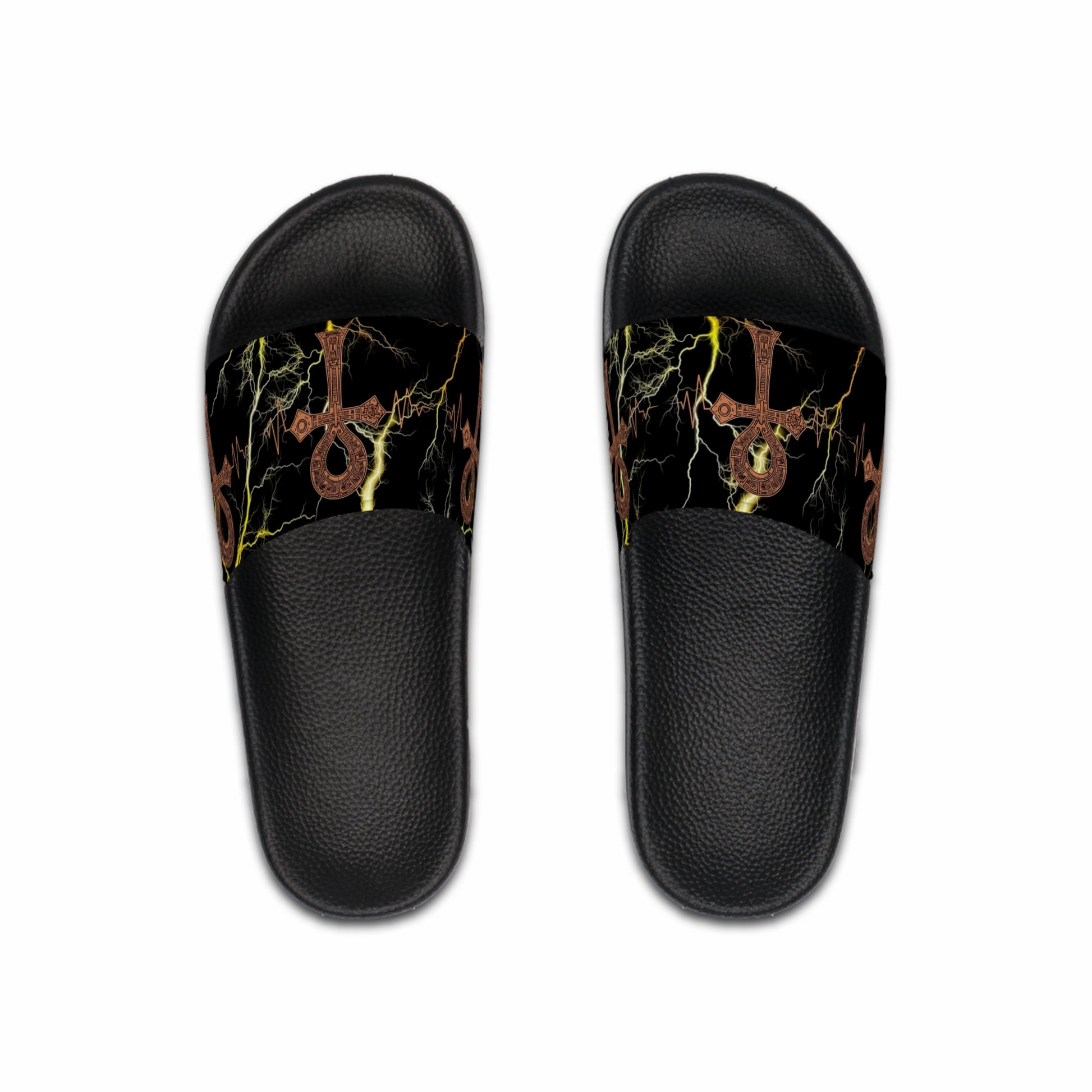 Ankh Lightning Men's Slide Sandals – Egyptian Symbol Black Marble Slip-Ons