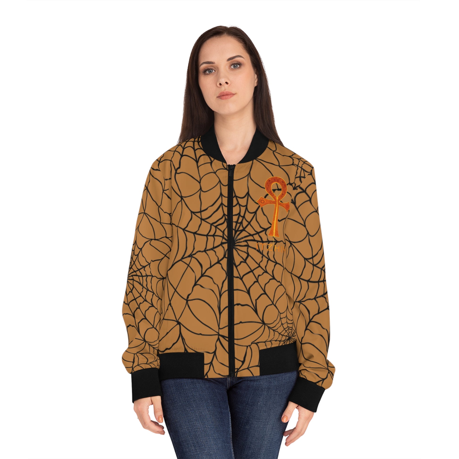 Spiderweb Bomber Jacket — Women's Orange Ankh & Web Print