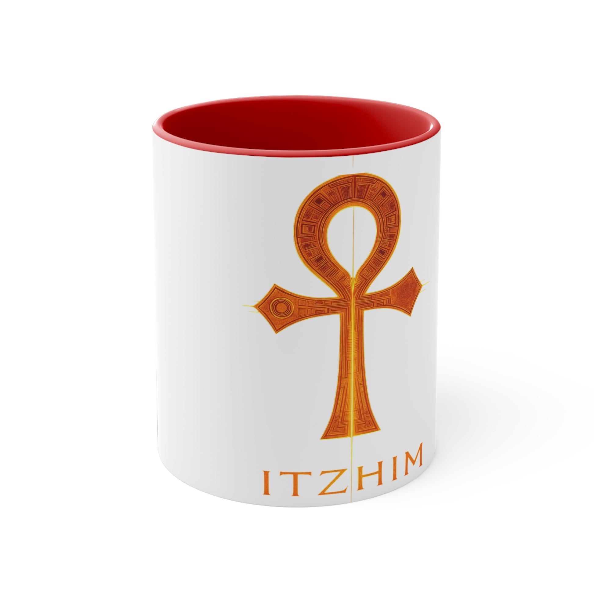 Colorful Accent Ankh Mug, Unique Gifts for Coffee Lovers, Boho Home Decor, Spiritual Awakening, Red Handle Coffee Cup