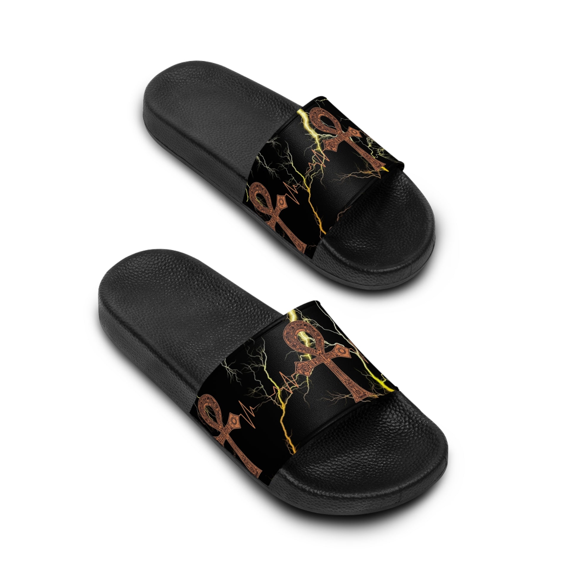 Ankh Lightning Men's Slide Sandals – Egyptian Symbol Black Marble Slip-Ons