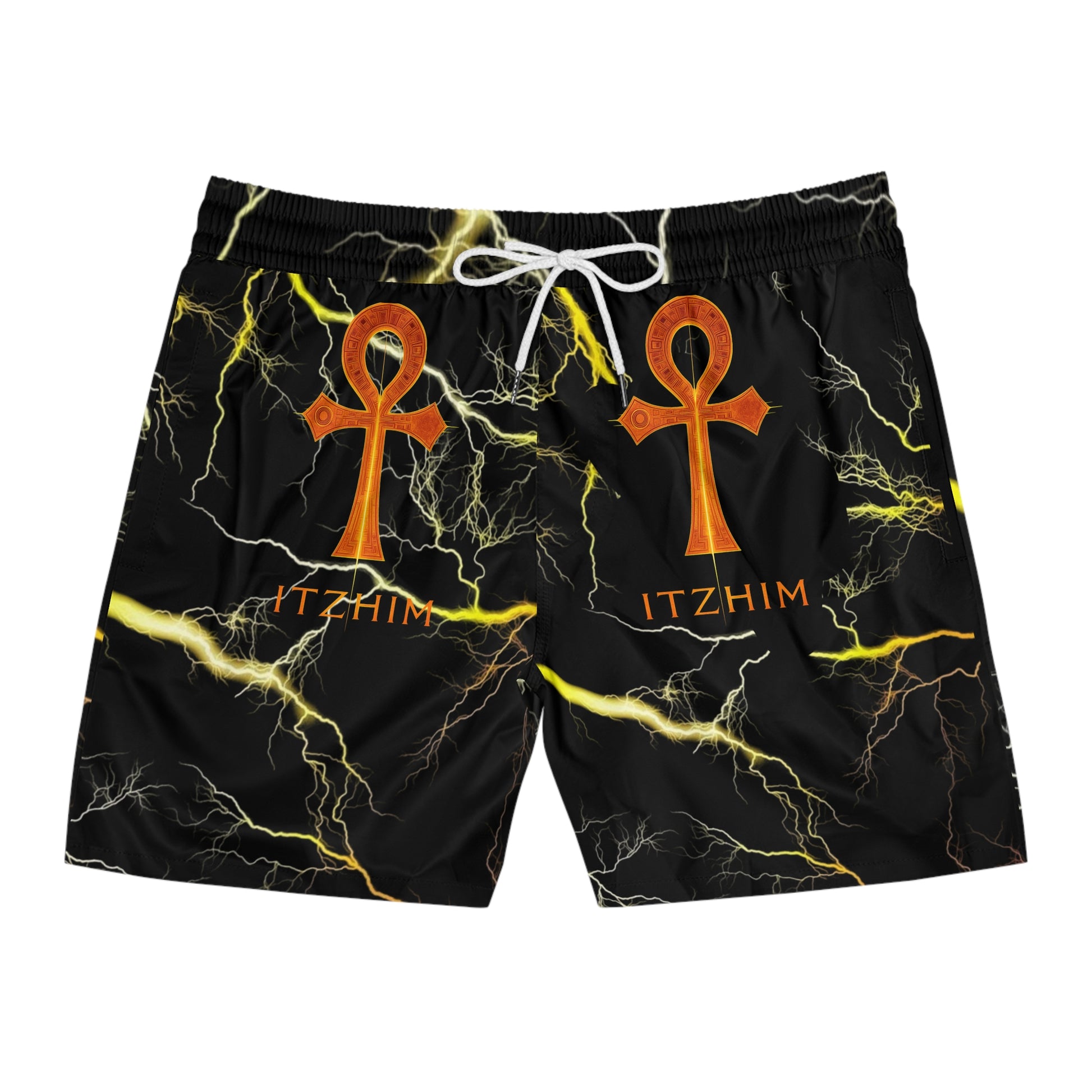 Ankh Symbol Swim Shorts — 'ITZHIM' Black Mid-Length Men's Swim Trunks