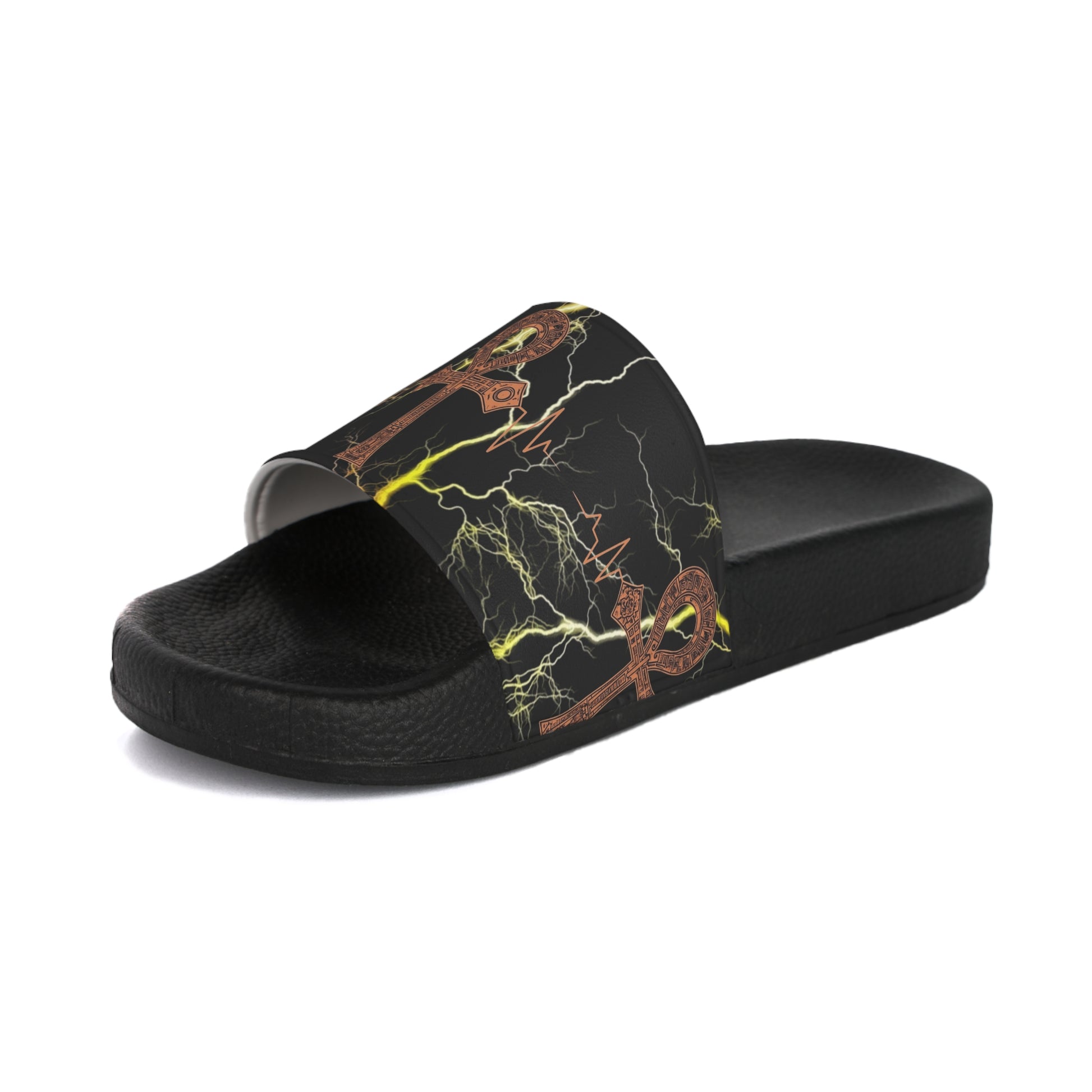 Ankh Lightning Men's Slide Sandals – Egyptian Symbol Black Marble Slip-Ons