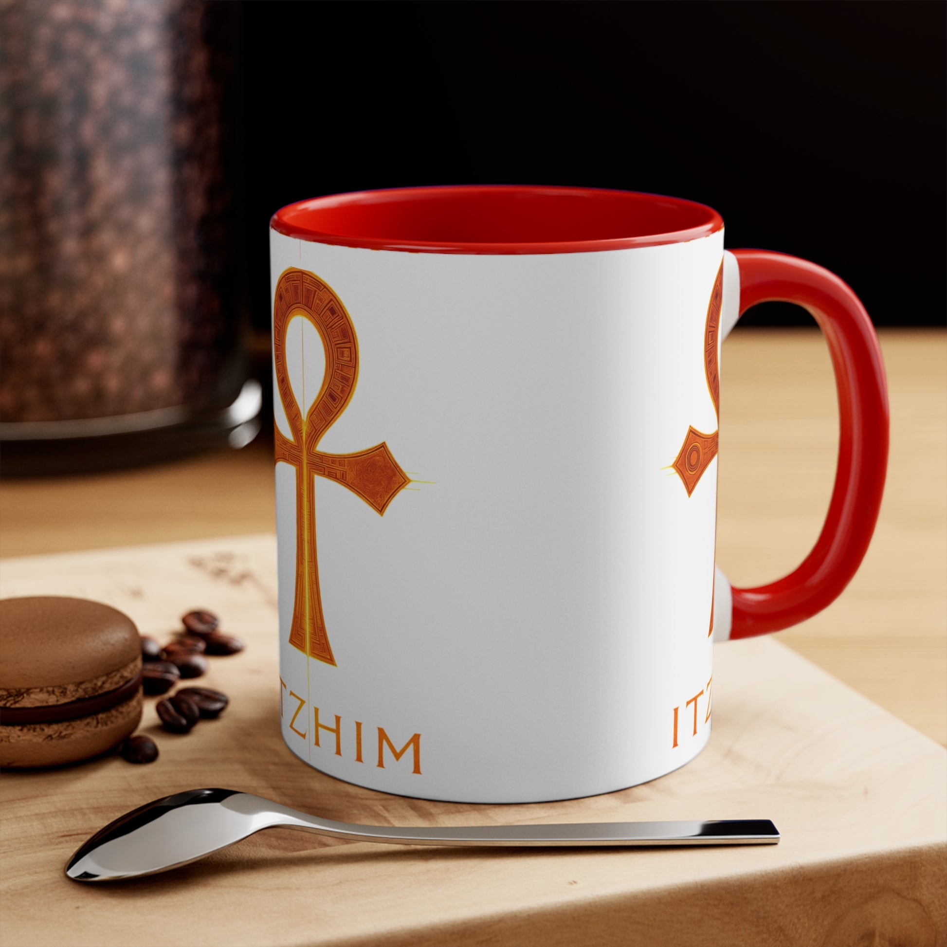 Colorful Accent Ankh Mug, Unique Gifts for Coffee Lovers, Boho Home Decor, Spiritual Awakening, Red Handle Coffee Cup