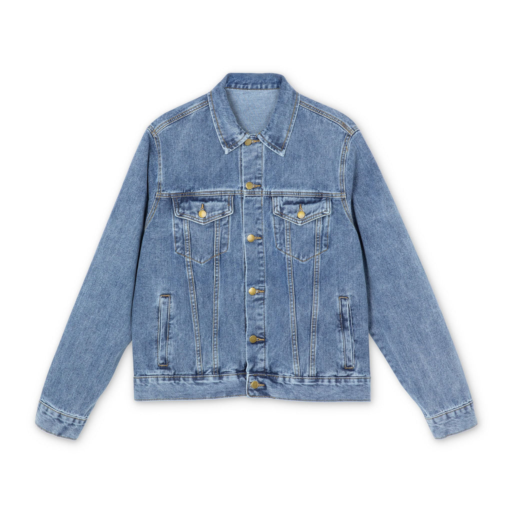 Denim Jacket with Orange Ankh Back Graphic — Vintage Egyptian Symbol Men's Jacket