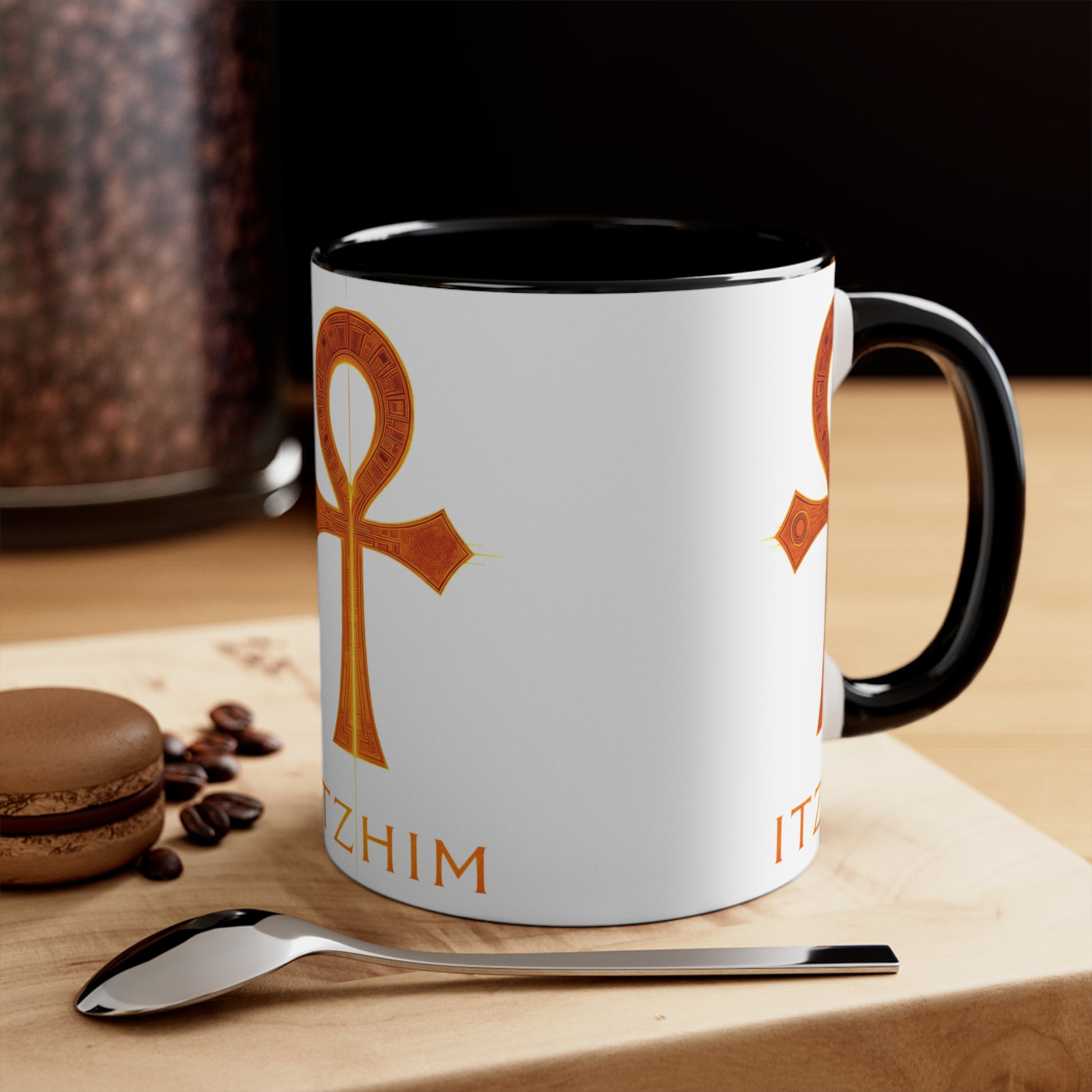 Colorful Accent Ankh Mug, Unique Gifts for Coffee Lovers, Boho Home Decor, Spiritual Awakening, Red Handle Coffee Cup