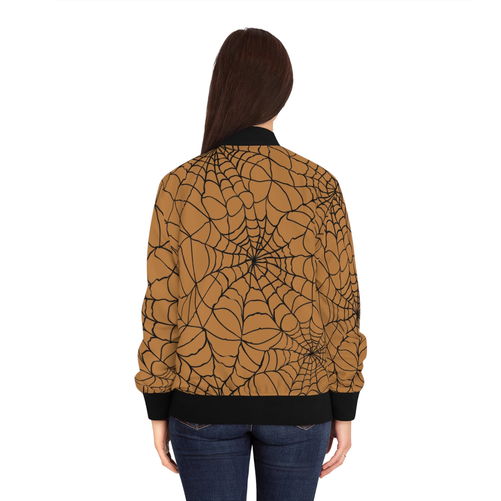 Spiderweb Bomber Jacket — Women's Orange Ankh & Web Print