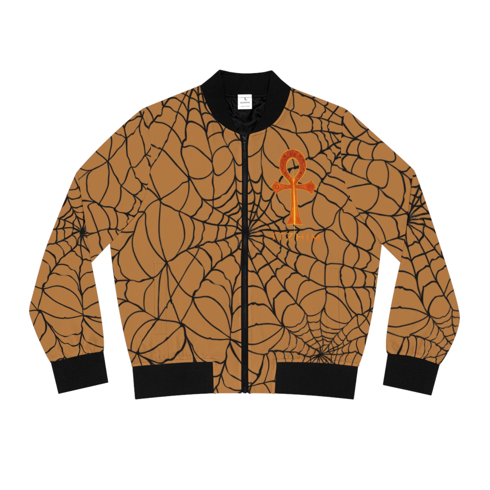 Spiderweb Bomber Jacket — Women's Orange Ankh & Web Print