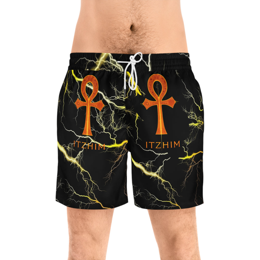 Ankh Symbol Swim Shorts — 'ITZHIM' Black Mid-Length Men's Swim Trunks
