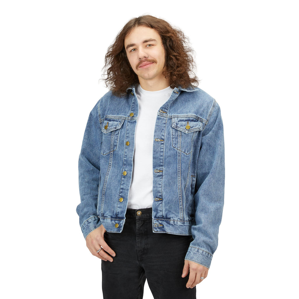 Denim Jacket with Orange Ankh Back Graphic — Vintage Egyptian Symbol Men's Jacket