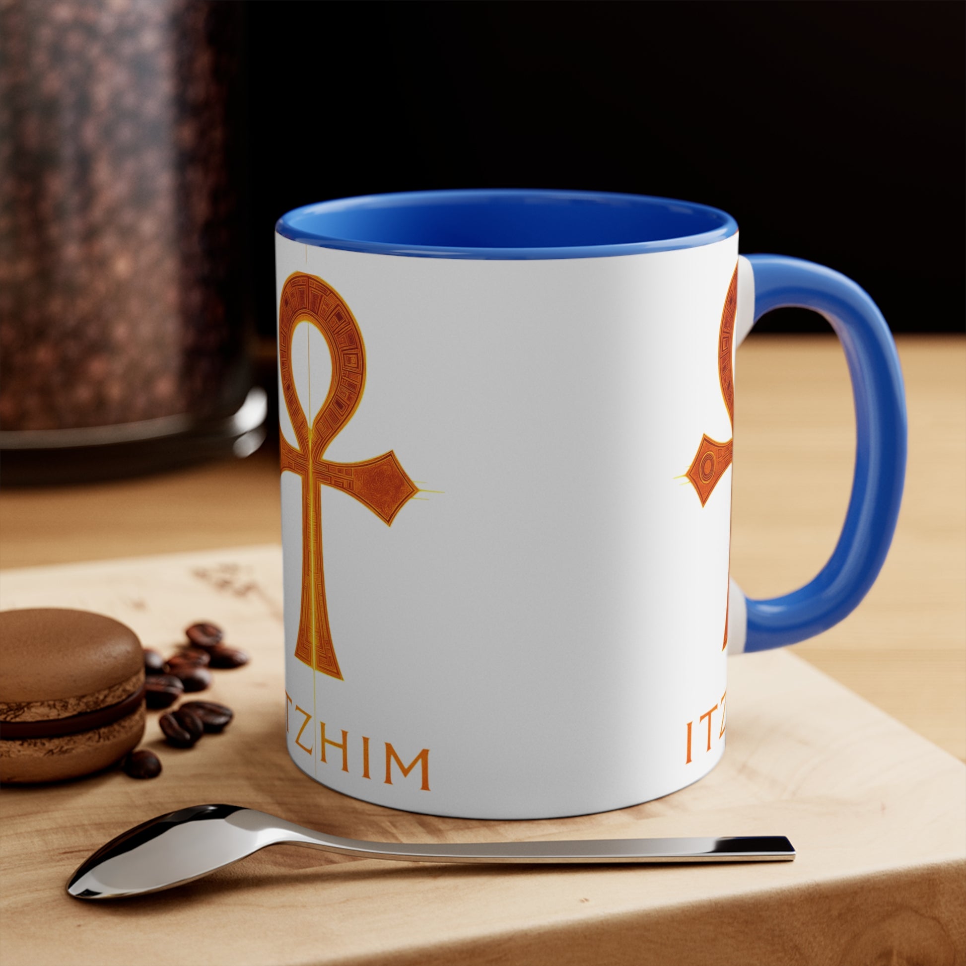 Colorful Accent Ankh Mug, Unique Gifts for Coffee Lovers, Boho Home Decor, Spiritual Awakening, Red Handle Coffee Cup